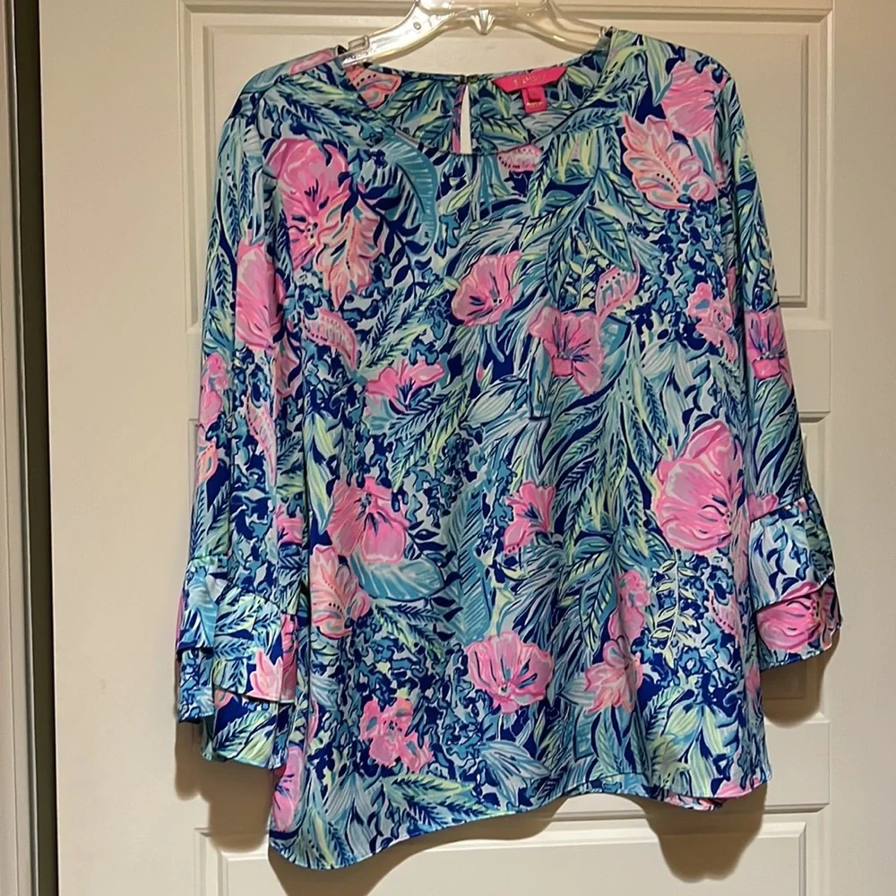 Lilly Pulitzer Christie Top Lapis Lazuli Sz Xl blue pink ruffle sleeve - Picture 2 of 6